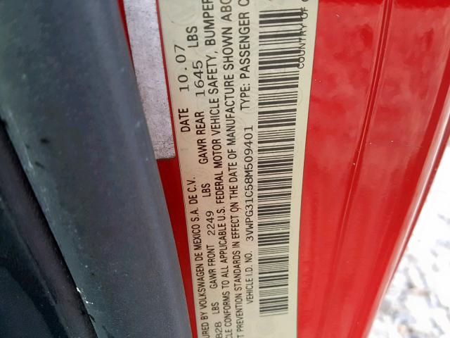 3VWPG31C58M509401 - 2008 VOLKSWAGEN NEW BEETLE RED photo 10