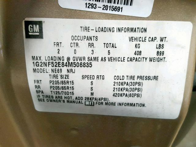 1G2NF52E84M506835 - 2004 PONTIAC GRAND AM S GOLD photo 10