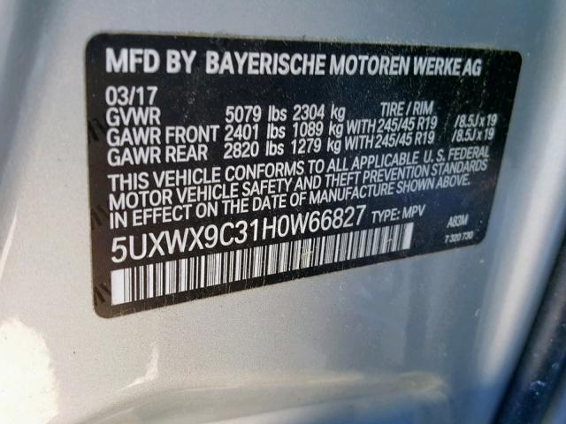 5UXWX9C31H0W66827 - 2017 BMW X3 XDRIVE2 SILVER photo 10