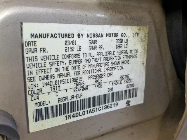 1N4DL01A51C186219 - 2001 NISSAN ALTIMA GXE GOLD photo 10