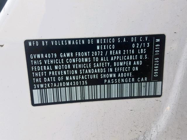 3VW2K7AJ8DM430135 - 2013 VOLKSWAGEN JETTA BASE Սպիտակ լուսանկար 10