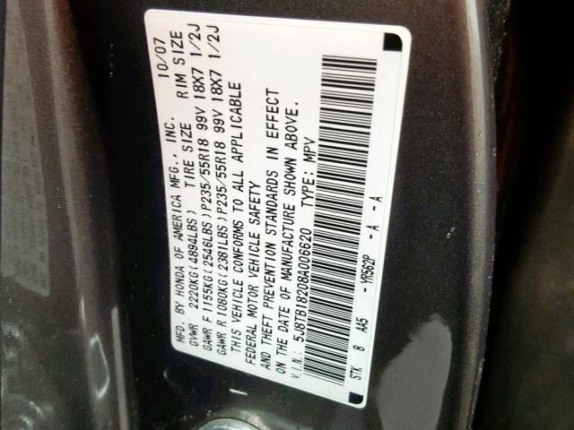 5J8TB18208A006620 - 2008 ACURA RDX GRAY photo 10