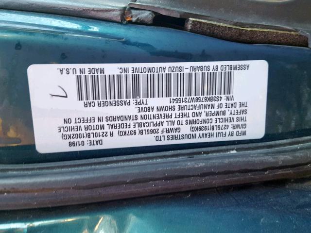 4S3BK6758W7315541 - 1998 SUBARU LEGACY GT GREEN photo 10