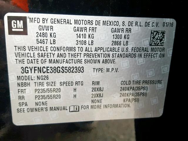 3GYFNCE38GS582393 - 2016 CADILLAC SRX PERFOR BLACK photo 10