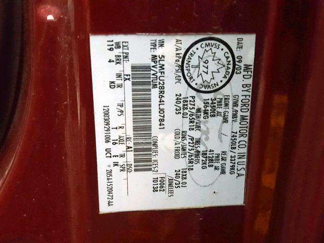 5LMFU28R64LJ07841 - 2004 LINCOLN NAVIGATOR MAROON photo 10