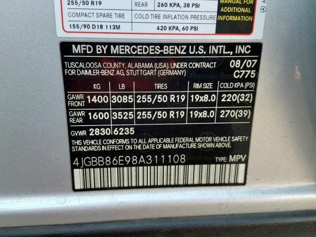 4JGBB86E98A311108 - 2008 MERCEDES-BENZ ML 350 SILVER photo 10