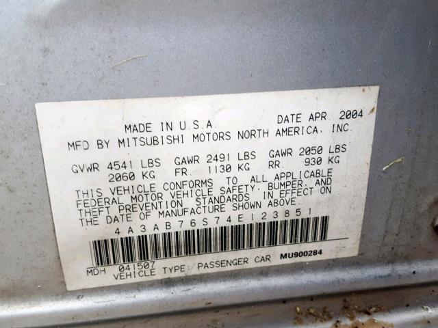 4A3AB76S74E123851 - 2004 MITSUBISHI GALANT GTS SILVER photo 10