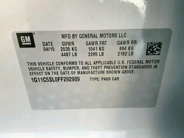 1G11C5SL0FF292909 - 2015 CHEVROLET MALIBU 1LT SILVER photo 10