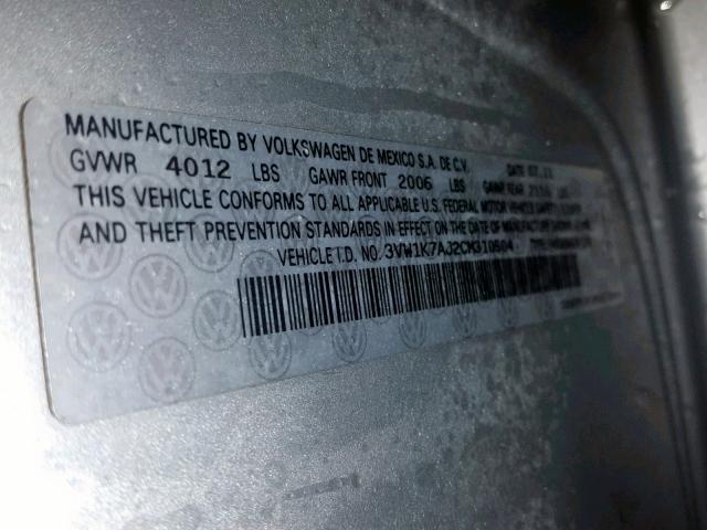 3VW1K7AJ2CM310504 - 2012 VOLKSWAGEN JETTA BASE SILVER photo 10