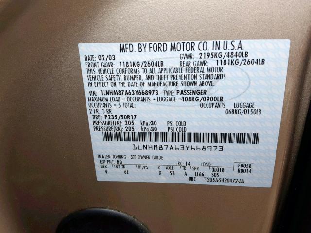 1LNHM87A63Y668973 - 2003 LINCOLN LS TAN photo 10