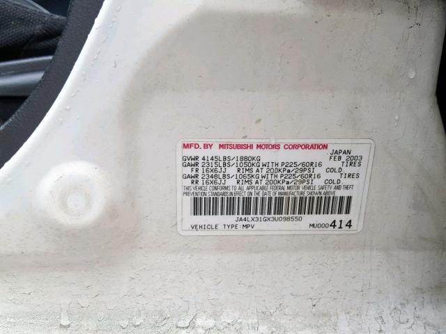 JA4LX31GX3U098550 - 2003 MITSUBISHI OUTLANDER WHITE photo 10