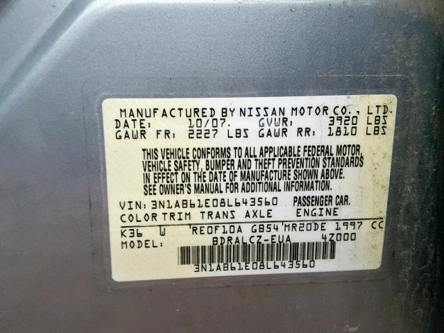 3N1AB61E08L643560 - 2008 NISSAN SENTRA 2.0 GRAY photo 10