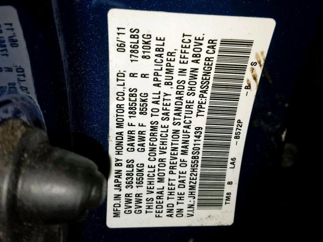 JHMZE2H55BS011439 - 2011 HONDA INSIGHT LX BLUE photo 10