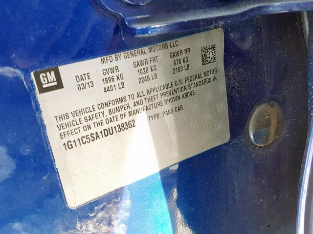 1G11C5SA1DU138362 - 2013 CHEVROLET MALIBU 1LT BLUE photo 10