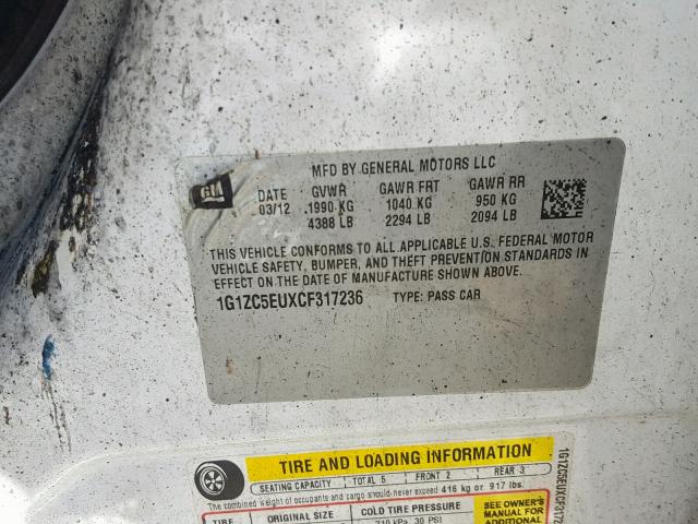 1G1ZC5EUXCF317236 - 2012 CHEVROLET MALIBU 1LT 白色 照片 10