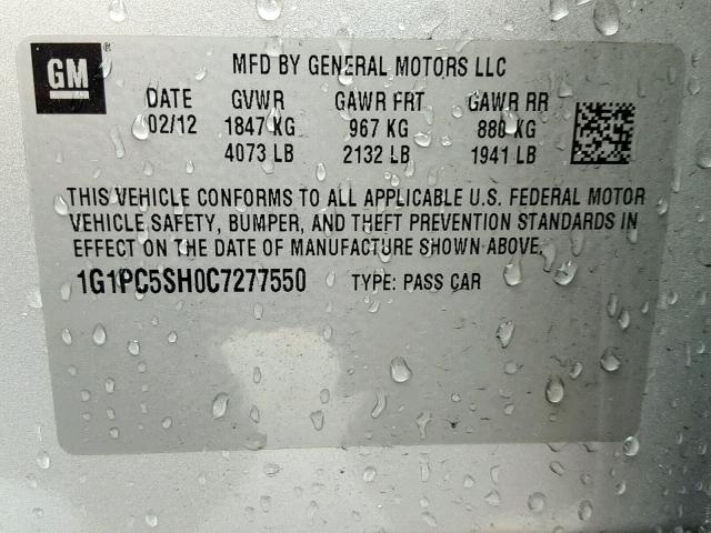 1G1PC5SH0C7277550 - 2012 CHEVROLET CRUZE LS SILVER photo 10