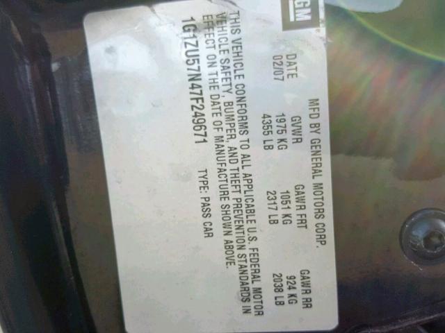 1G1ZU57N47F249671 - 2007 CHEVROLET MALIBU LTZ შავი ფოტო 10