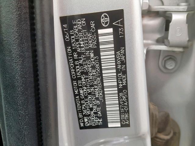 JTDKDTB39E1568013 - 2014 TOYOTA PRIUS C SILVER photo 10