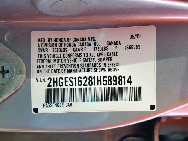 2HGES16281H589814 - 2001 HONDA CIVIC DX SILVER photo 10