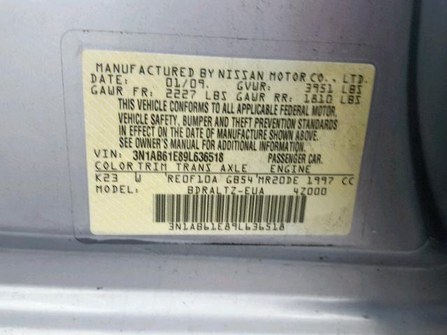 3N1AB61E89L636518 - 2009 NISSAN SENTRA 2.0 SILVER photo 10