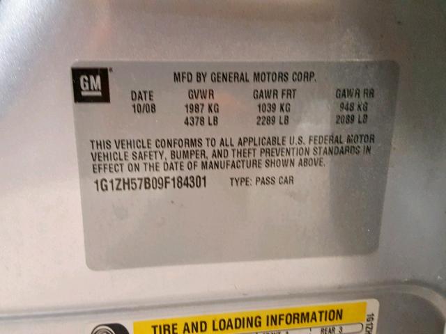 1G1ZH57B09F184301 - 2009 CHEVROLET MALIBU 1LT SILVER photo 10