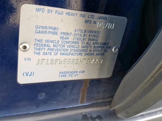 JF1SF65552H737557 - 2002 SUBARU FORESTER S BLUE photo 10