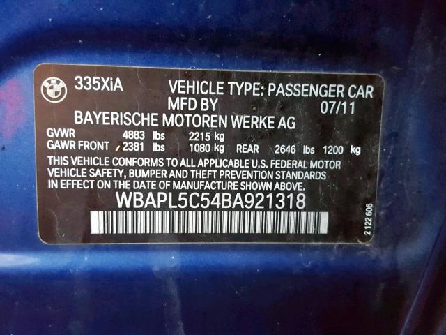 WBAPL5C54BA921318 - 2011 BMW 335 XI BLUE photo 10