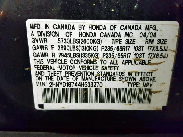 2HNYD18744H533270 - 2004 ACURA MDX TOURIN BLUE photo 10