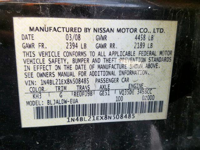 1N4BL21EX8N508485 - 2008 NISSAN ALTIMA 3.5 BLACK photo 10