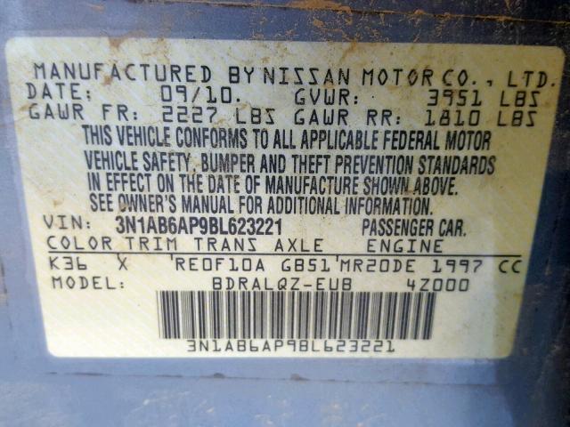 3N1AB6AP9BL623221 - 2011 NISSAN SENTRA 2.0 GRAY photo 10