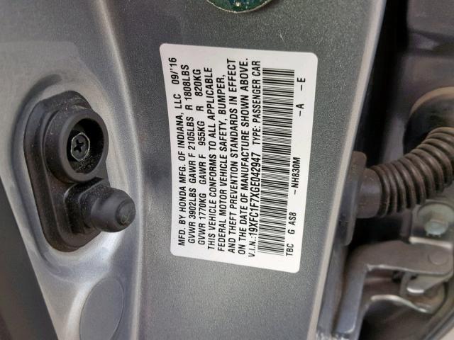 19XFC1F7XGE042947 - 2016 HONDA CIVIC EXL SILVER photo 10