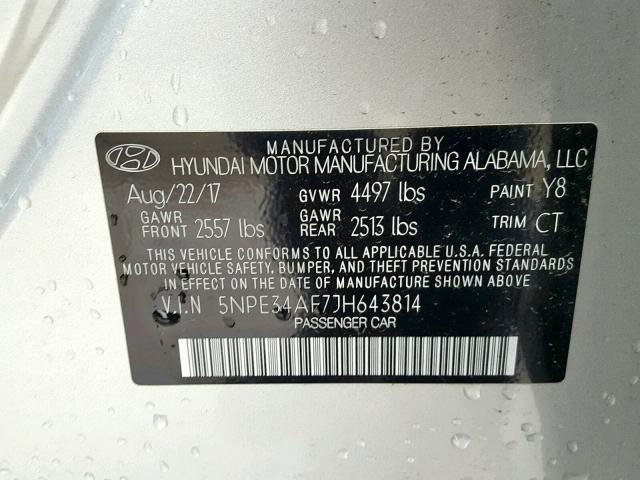 5NPE34AF7JH643814 - 2018 HYUNDAI SONATA SPO SILVER photo 10