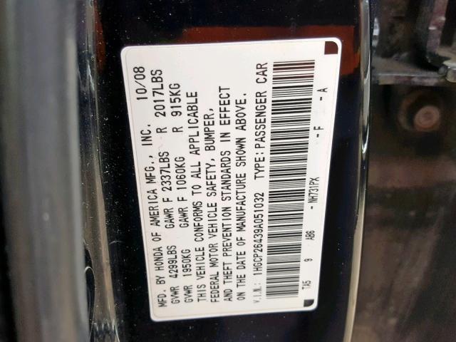 1HGCP26439A051032 - 2009 HONDA ACCORD LXP BLACK photo 10