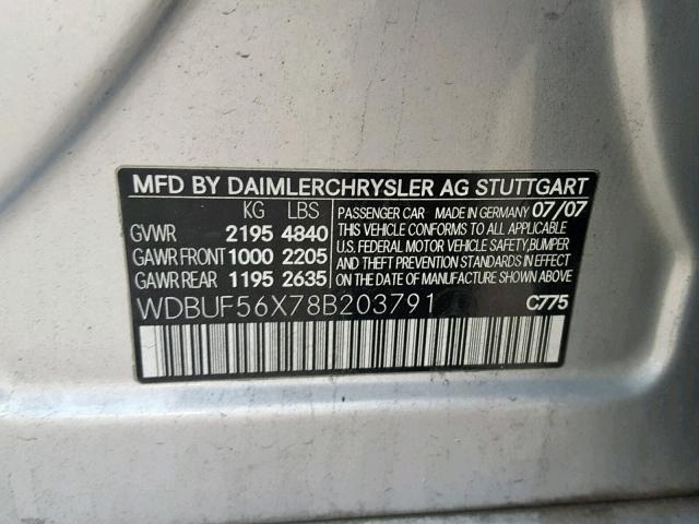 WDBUF56X78B203791 - 2008 MERCEDES-BENZ E 350 SILVER photo 10