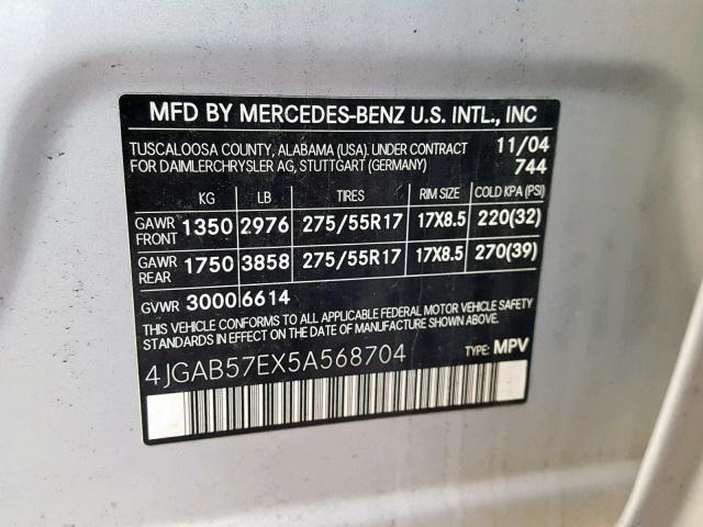 4JGAB57EX5A568704 - 2005 MERCEDES-BENZ ML 350 GRAY photo 10