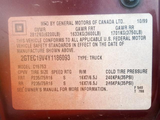 2GTEC19V4Y1186093 - 2000 GMC NEW SIERRA MAROON photo 10