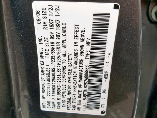 5J8TB18267A006863 - 2007 ACURA RDX GRAY photo 10