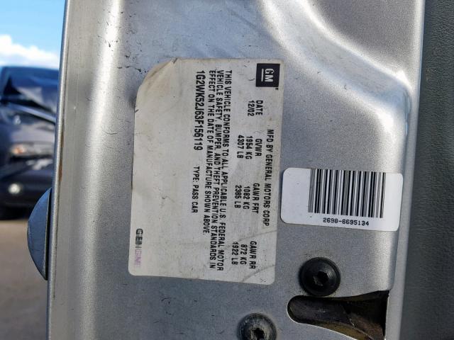 1G2WK52J63F156119 - 2003 PONTIAC GRAND PRIX SILVER photo 10