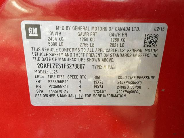 2GKFLZE31F6278807 - 2015 GMC TERRAIN DE RED photo 10