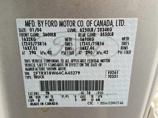 2FTRX18W64CA45279 - 2004 FORD F-150 HERI SILVER photo 10