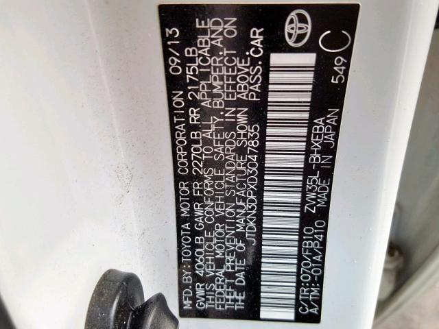 JTDKN3DPXD3047835 - 2013 TOYOTA PRIUS PLUG WHITE photo 10