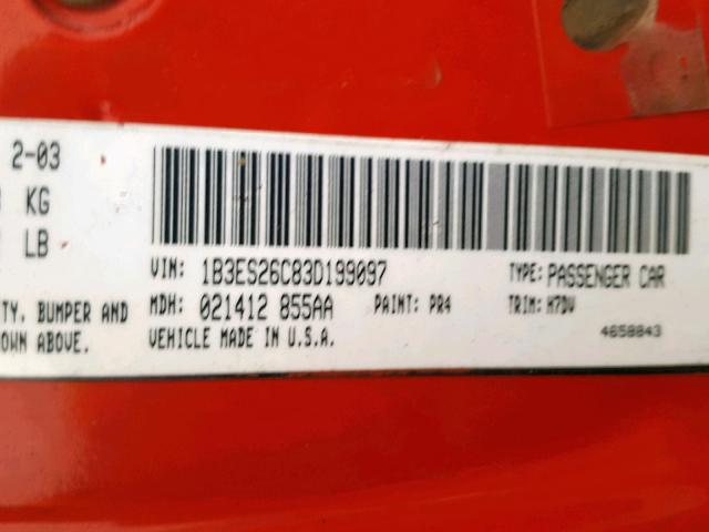 1B3ES26C83D199097 - 2003 DODGE NEON SE RED photo 10