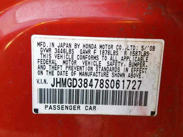 JHMGD38478S061727 - 2008 HONDA FIT RED photo 10