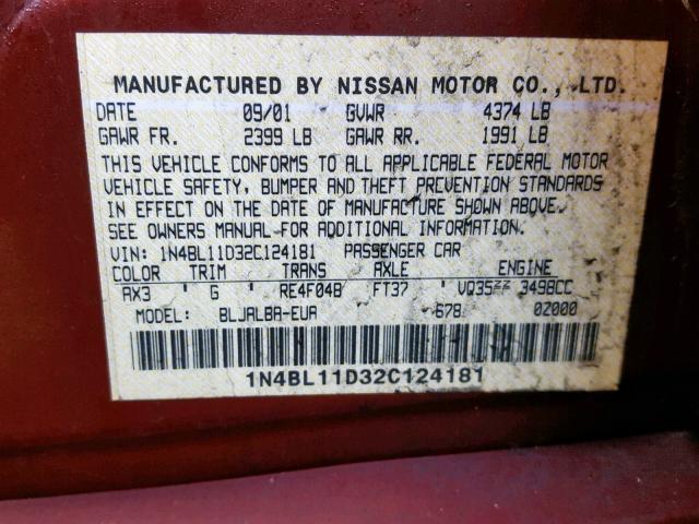 1N4BL11D32C124181 - 2002 NISSAN ALTIMA SE BURGUNDY photo 10