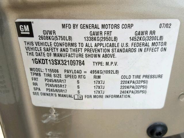 1GKDT13SX32109784 - 2003 GMC ENVOY GRAY photo 10