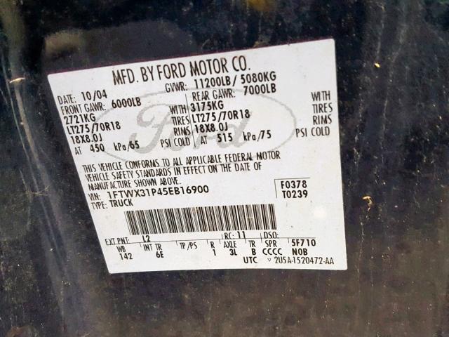 1FTWX31P45EB16900 - 2005 FORD F350 SRW S BLUE photo 10