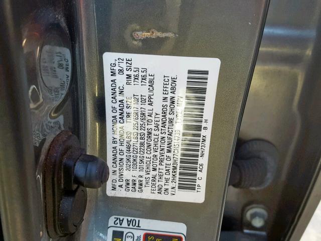 2HKRM3H77CH514739 - 2012 HONDA CR-V EXL GRAY photo 10