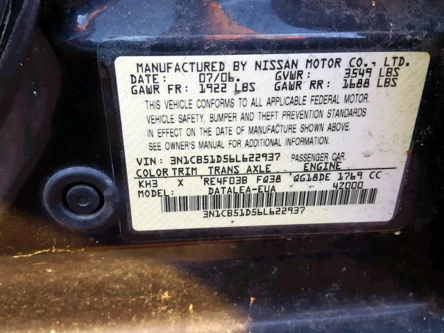 3N1CB51D56L622937 - 2006 NISSAN SENTRA 1.8 GRAY photo 10