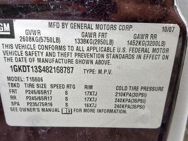 1GKDT13S482168787 - 2008 GMC ENVOY PURPLE photo 10