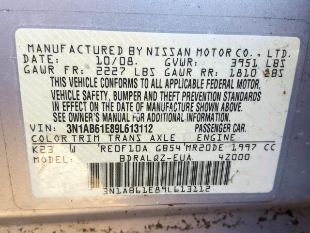 3N1AB61E89L613112 - 2009 NISSAN SENTRA 2.0 SILVER photo 10